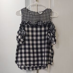 Crown & Ivy Navy and White Ruffled Cold Shoulder Blouse